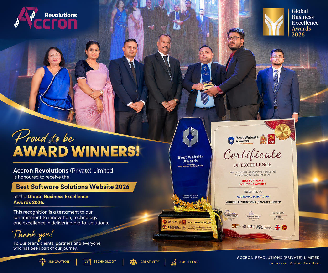 Accron Revolutions proud to be award winners: Best Software Solutions Website 2026 at the Global Business Excellence Awards 2026